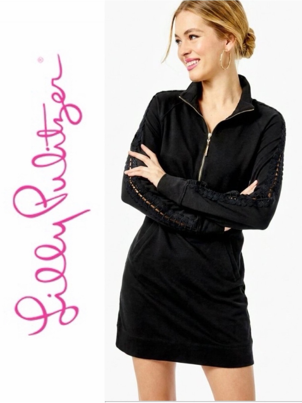 Lilly Pulitzer Skipper Black Onyx Popover Dress Long Lace Sleeve Size Medium